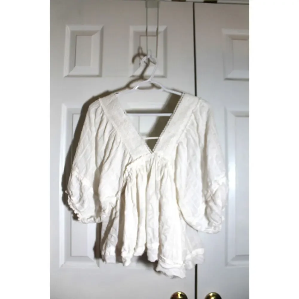bohme White Cotton Blend Lace Trim Babydoll Blouse sz S - Picture 2 of 3